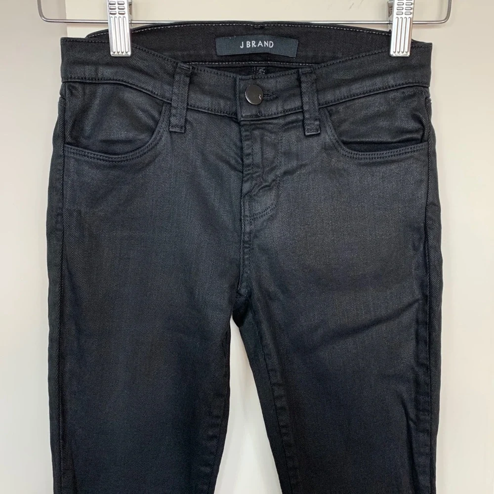 J Brand Super Skinny Lacquered Black Coated Jeans Low Rise Stretch USA 24/0 Edgy